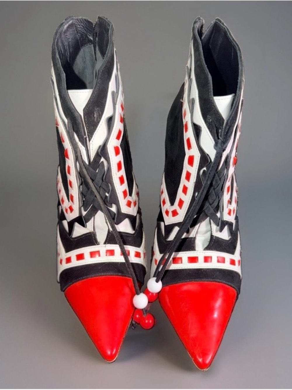 Sophia Webster Boots Ankle Red Black Leather Geometric Heels 7M See All Pictures